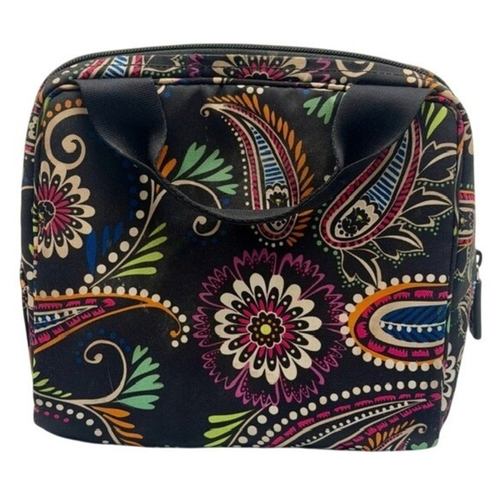 Vera Bradley Black Paisley Floral Insulated Lunch Bag Tote Zip Closure ID Window